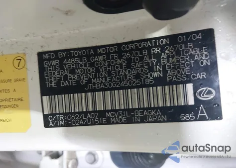 2004 Lexus Es 330 из США, поврежденный, VIN JTHBA30G245025185